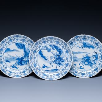 Three Chinese blue and white 'Mongolian hunt' plates, Chenghua mark, Kangxi