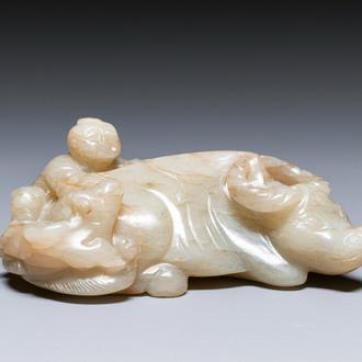 A Chinese jade 'boy on a buffalo' group, Qing