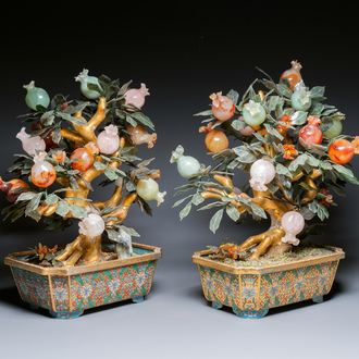 A pair of Chinese precious stone and lacquer trees in cloisonné jardinières, 19/20th C.