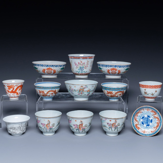 A collection of Chinese famille rose, grisaille and iron-red bowls and wine cups, 19/20th C.
