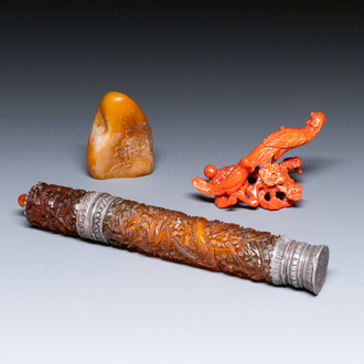 A red coral carving of birds, a yellow stone carving of a landscape and an incense holder, China, 19/20th C.