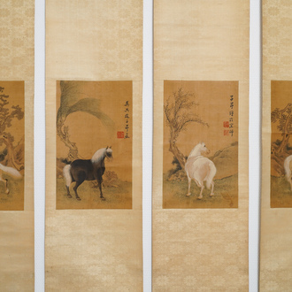 Follower of Zhao Mengfu 趙孟頫 (1254-1322): 'Four horses', ink and colours on silk, 19/20th C.