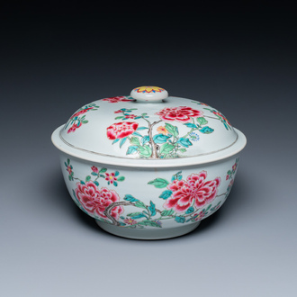 A round Chinese famille rose tureen and cover with fine floral design, Yongzheng