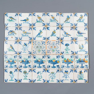30 polychrome Dutch Delft tiles with birds, flowers and tazzas with fruits, 17th C.