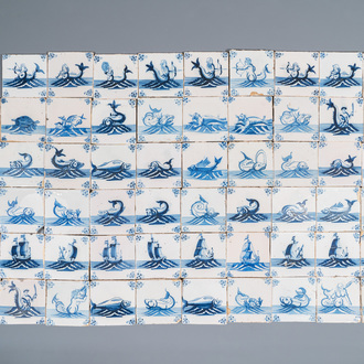 59 Dutch Delft blue and white tiles with sea monsters, 2nd half 18th C.