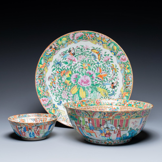 Two Chinese Canton famille rose bowls and a dish, 19th C.