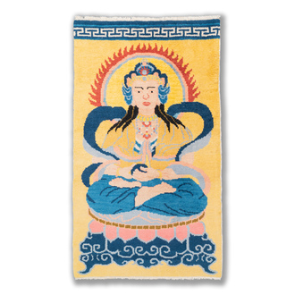 Tapis à décor de Bouddh sur fond jaune, Chine ou Tibet, 19/20ème