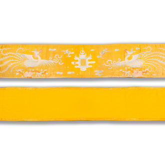 A rectangular yellow-ground silk 'phoenixes' panel, China or Vietnam, 19th C.