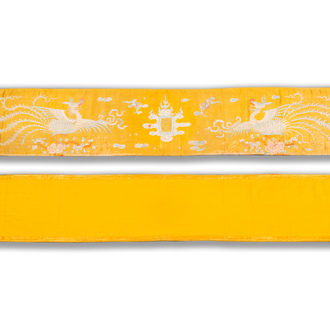 A rectangular yellow-ground silk 'phoenixes' panel, China or Vietnam, 19th C.