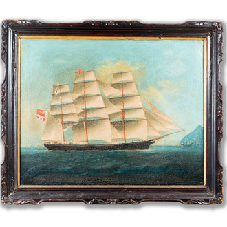 Canton school, China: 'A British merchant vessel at sea', oil on canvas in original Chippendale-style frame, 1st half 19th C.
