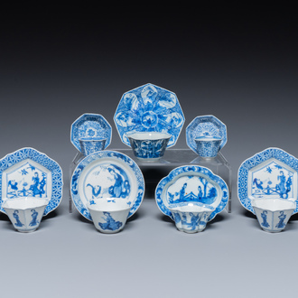 Seven mostly rare Chinese blue and white cups and saucers, Kangxi