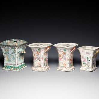 Quatre pots aux fleurs en porcelaine de Chine famille rose et verte, Qianlong et postérieur