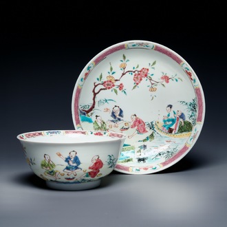 A Chinese famille rose plate and bowl with a nursing mother and men drinking tea on the shore, Yongzheng