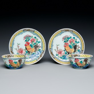 A pair of Chinese famille rose 'rooster' cups and saucers, Yongzheng