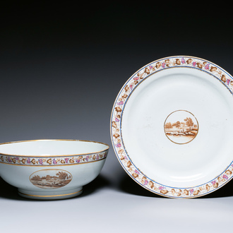 A large Chinese export porcelain punch bowl and dish with a view on Philadelphia, Qianlong