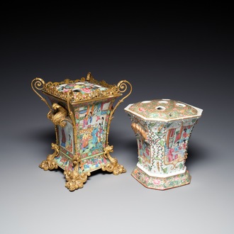 Two fine Chinese Canton famille rose flower holders, one with a gilt bronze mount, 19th C.