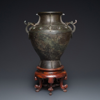 A rare and massive Chinese archaistic bronze 'lei' wine vessel with inscription, Song