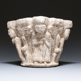 A carved figurative sandstone capital, France or Spain, probably 14th C.