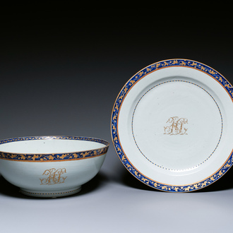 A large Chinese monogrammed export porcelain punchbowl and dish, Qianlong/Jiaqing
