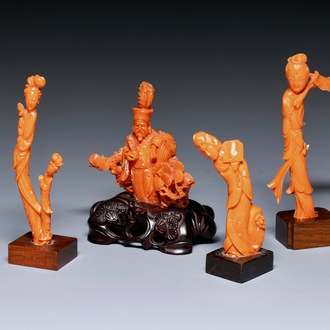 Four Chinese red coral figures of ladies and of an immortal, 19/20th C.