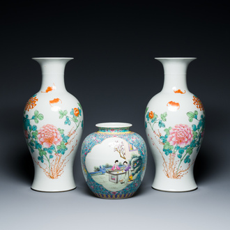 A pair of Chinese famille rose vases and a turquoise-ground jar, Republic