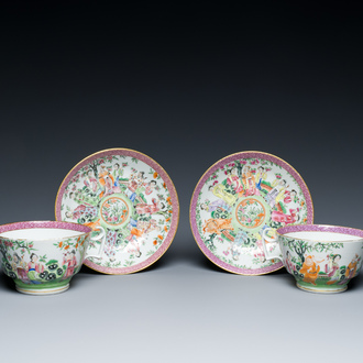 A pair of Chinese Canton famille rose cups and saucers, 19th C.