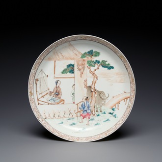 A fine Chinese famille rose eggshell porcelain 'The cowherd and the weaver girl' plate, Yongzheng