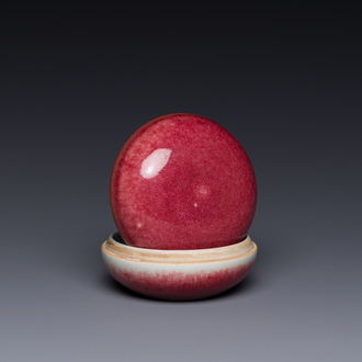 A Chinese monochrome copper-red-glazed box and cover, Kangxi mark, 20th C.