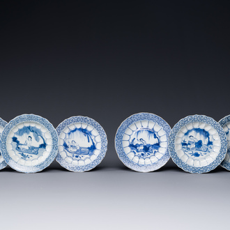 Six Chinese blue and white 'acupuncture' saucers, Kangxi