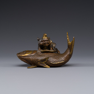 A Japanese parcel-gilt bronze lidded box in the shape of Ebisu on sea bream, signed Miyao Zo, Meiji, around 1880