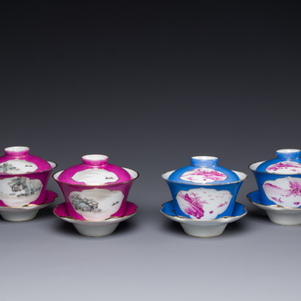 Two pairs of Chinese qianjiang cai covered bowls and saucers, Lin Lu 岺盧 signed, 19/20th C.