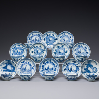 13 Chinese blue and white cups and 14 saucers with figural and dragon design, Kangxi/Yongzheng