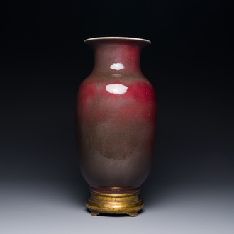 A Chinese monochrome copper-red-glazed vase with gilt bronze mount, 18/19th C