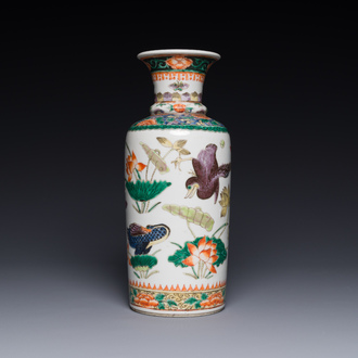 A Chinese famille verte 'mandarin duck and lotus' rouleau vase , 19th C.