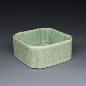 A square Chinese gilt monochrome celadon-glazed 'dragon' bowl, Daoguang mark and of the period