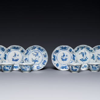 Zes Chinese blauw-witte bloemvormige 'sanduo' koppen en schotels, lingzhi merk, Kangxi