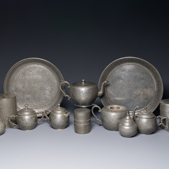 A group of fourteen Chinese Swatow paktong tea wares, 19/20th C.