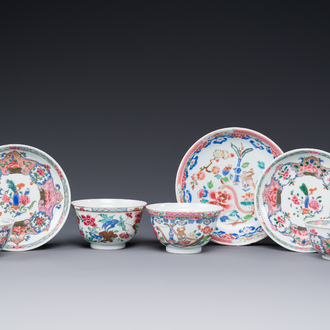 Four Chinese famille rose cups and three saucers with floral design, Yongzheng