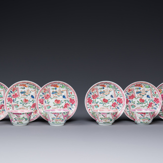 Six tasses et soucoupes en porcelaine de Chine famille rose à décor d'antiquités, Yongzheng