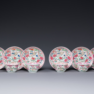 Six Chinese famille rose 'antiquities' cups and saucers, Yongzheng