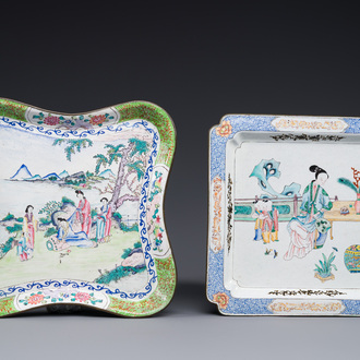 Two Chinese Canton enamel square trays with narrative design, Shou 壽 mark, 18/19th C.