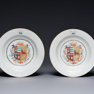 A pair of Chinese famille rose plates with the arms of Fazakerley Impaling Lutwyche for the English market, Qianlong