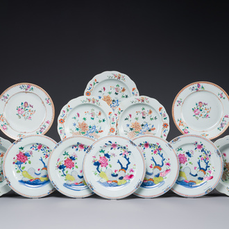 Twelve Chinese famille rose plates with floral design, Qianlong