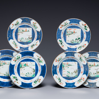 Six assiettes en porcelaine de Chine famille verte à décor de 'Xie Qin Fang You 攜琴訪友', Kangxi