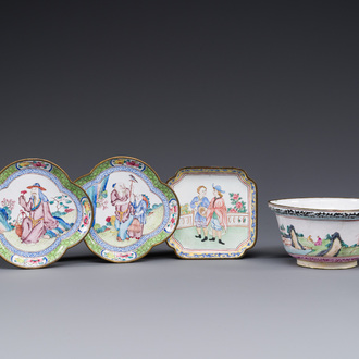 Three Chinese Canton enamel saucers and a bowl, Shangxin 赏心 mark, Yongzheng/Qianlong