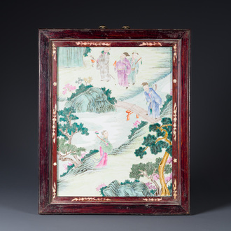 A Chinese famille rose 'eight immortals' plaque in a wooden frame, 18/19th C.