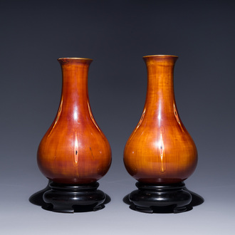 A pair of Chinese Foochow or Fuzhou lacquer 'bamboo' vases, 19/20th C.