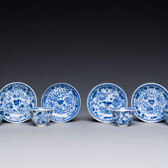 Vier Chinese blauw-witte miniatuur koppen en schotels, vlinder merk, Kangxi