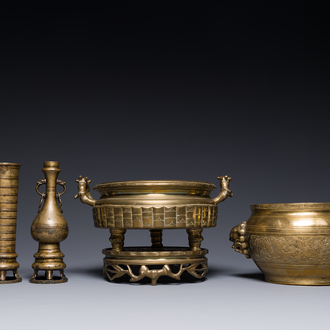 Two Chinese bronze censers, one with stand and three vases, Xuande mark, 19/20th C.