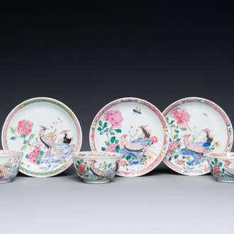 Three Chinese famille rose 'pheasant' cups and saucers, Yongzheng